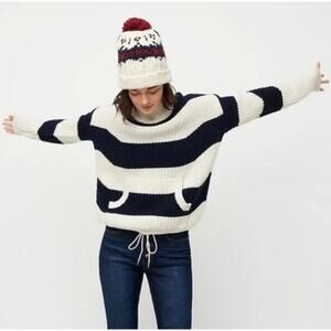 J. Crew Front Pocket Turtleneck Sweater Striped Merino Wool Blend Chunky Knit